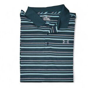 Under Armour Heatgear Golf Polo Mens Size XL Teal/Gray/Black Stripe EUC